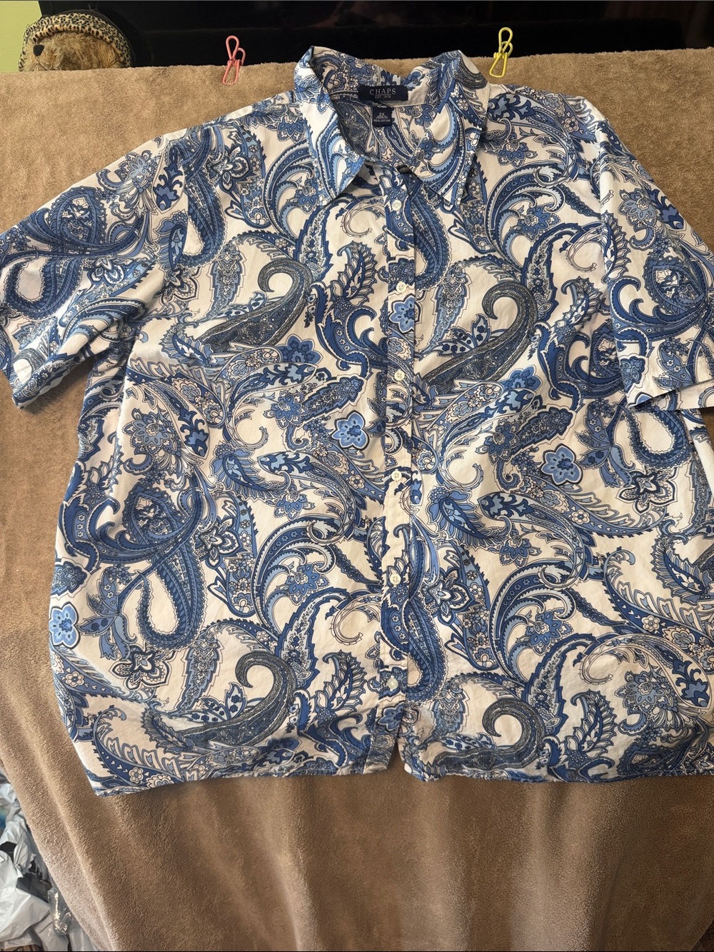 Chaps White and Blue Paisley Short-Sleeve Button-Up